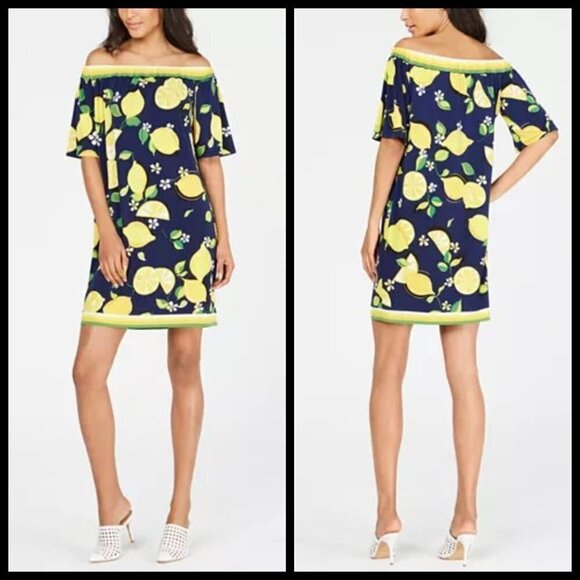 💕TRINA TURK Lemon-Print Off-Shoulder Shift Dress - Picture 2 of 8